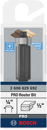 Broca de roteador Bosch PRO, acabamento nivelado de 1/2″, haste de 1/4″.